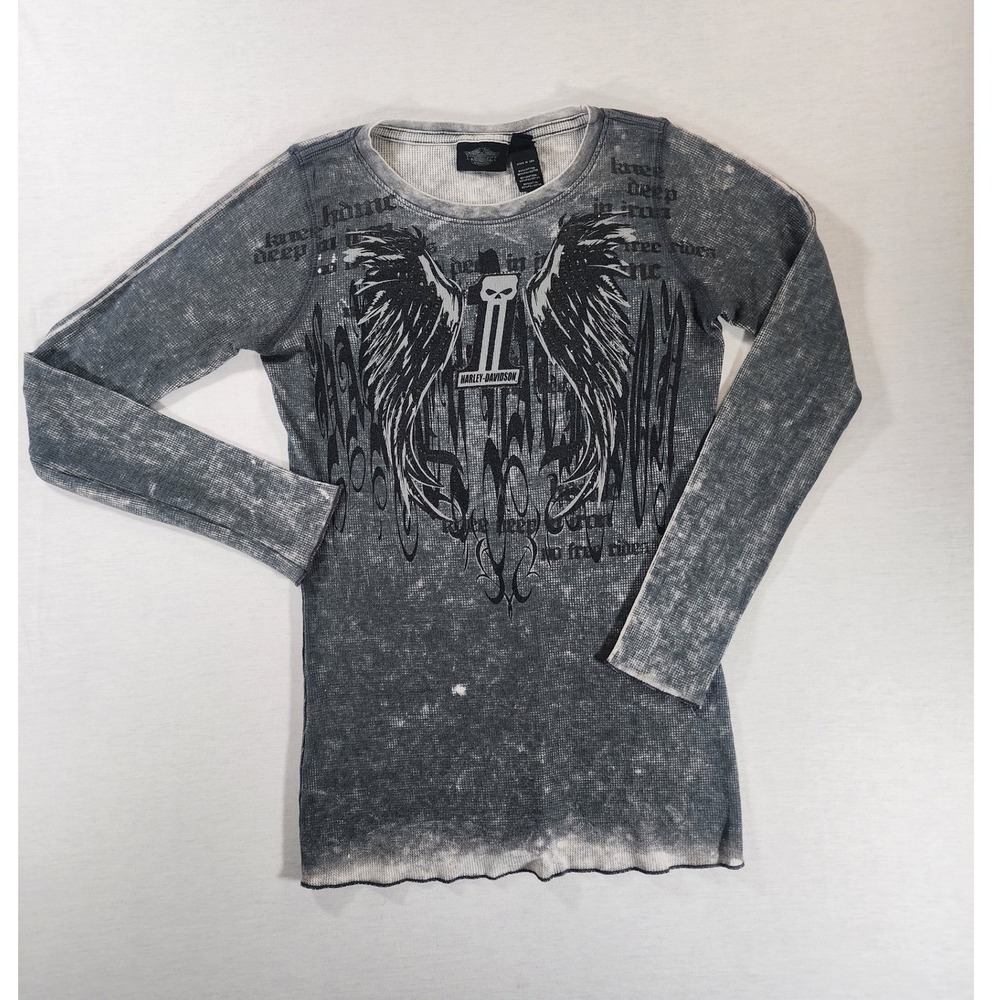 Harley Davidson Thermal Shirt Womens S Grey Acid Wash Winged Skull Waffle Knit